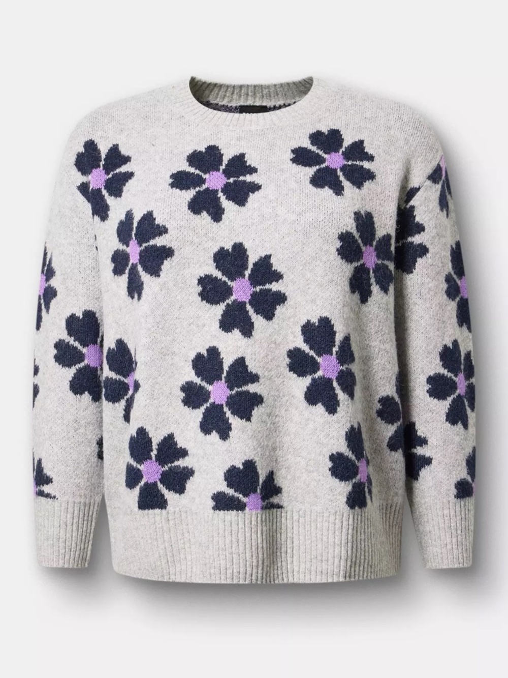 Torrid Sweater 3X Vegan Cashmere Pullover Gray/Purple Floral Crew Plus Size NWT